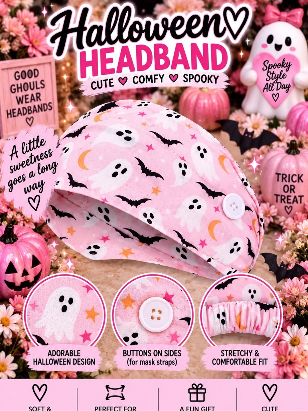 Halloween Ghosts Pink Headband with Buttons!!